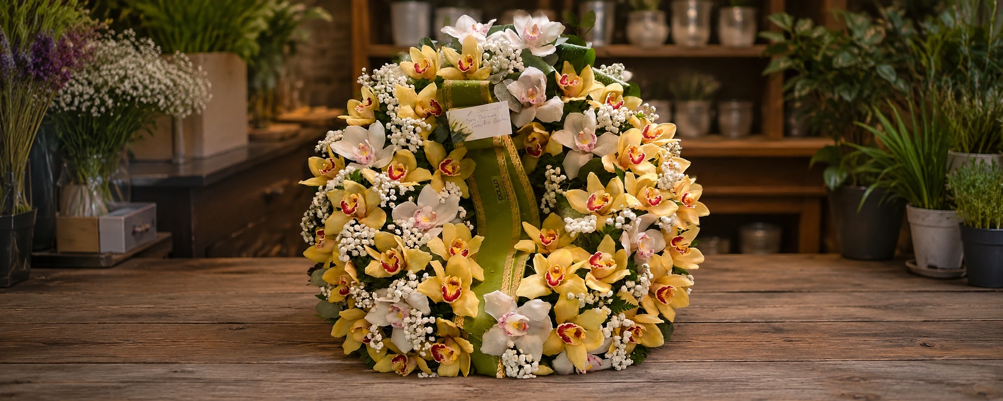 Coroa floral de homenagem com orquídeas amarelas e brancas preparada pela Paula Florista em Fafe