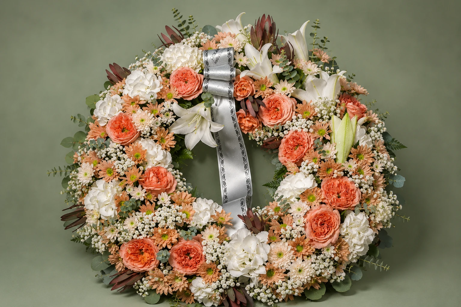 Coroa floral de homenagem com flores brancas e cor de laranja em Fafe
