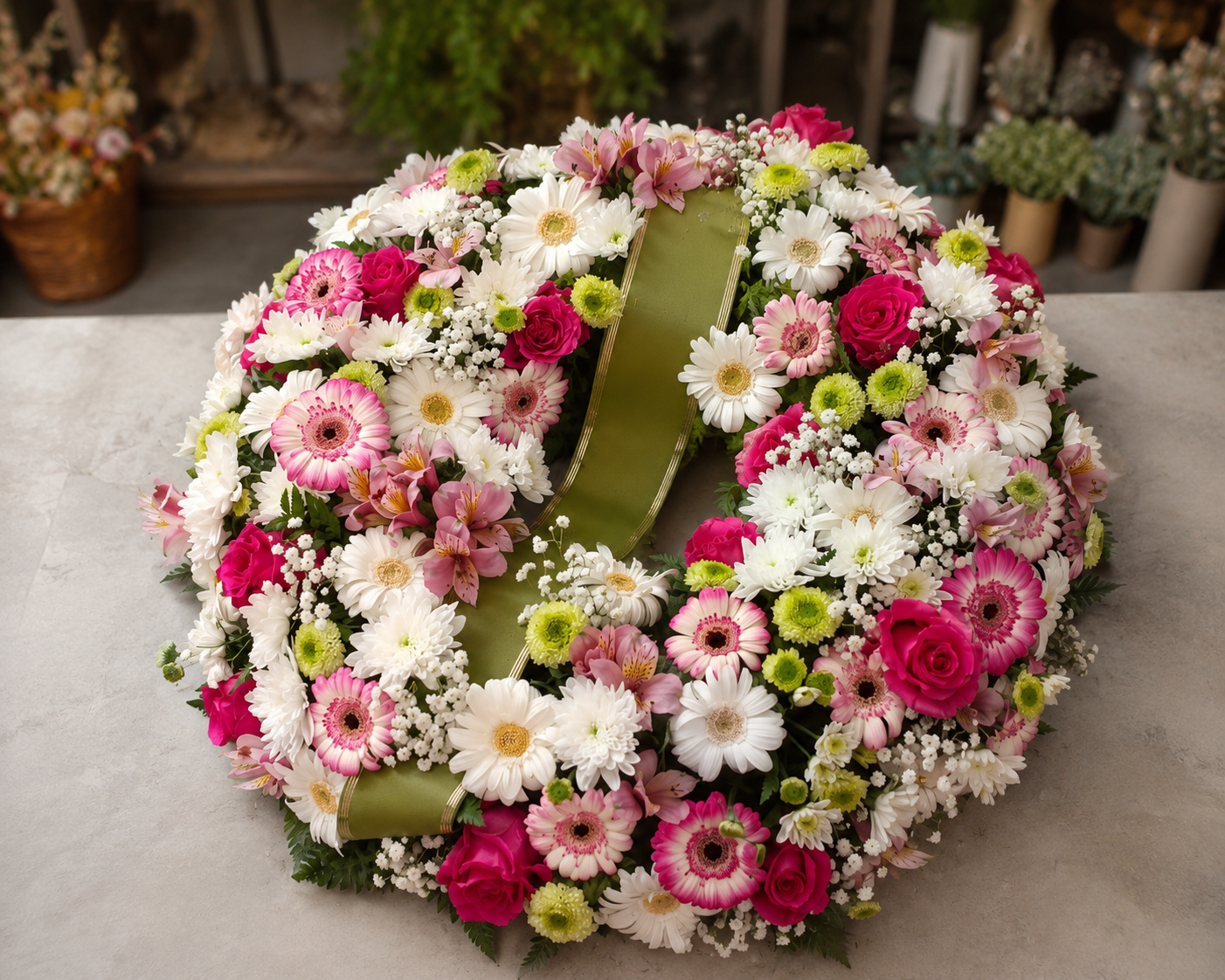 Coroa floral de homenagem em tons rosa, branco e verde preparada pela Paula Florista