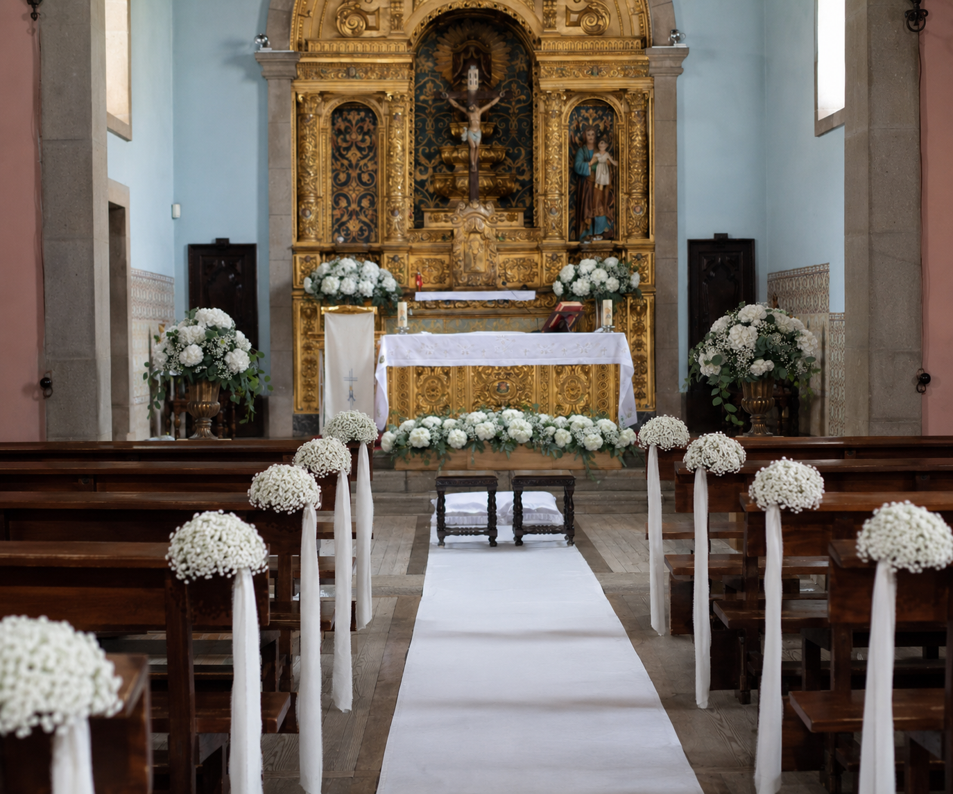 Corredor de igreja decorado para casamento com bancos ornamentados e altar floral ao fundo