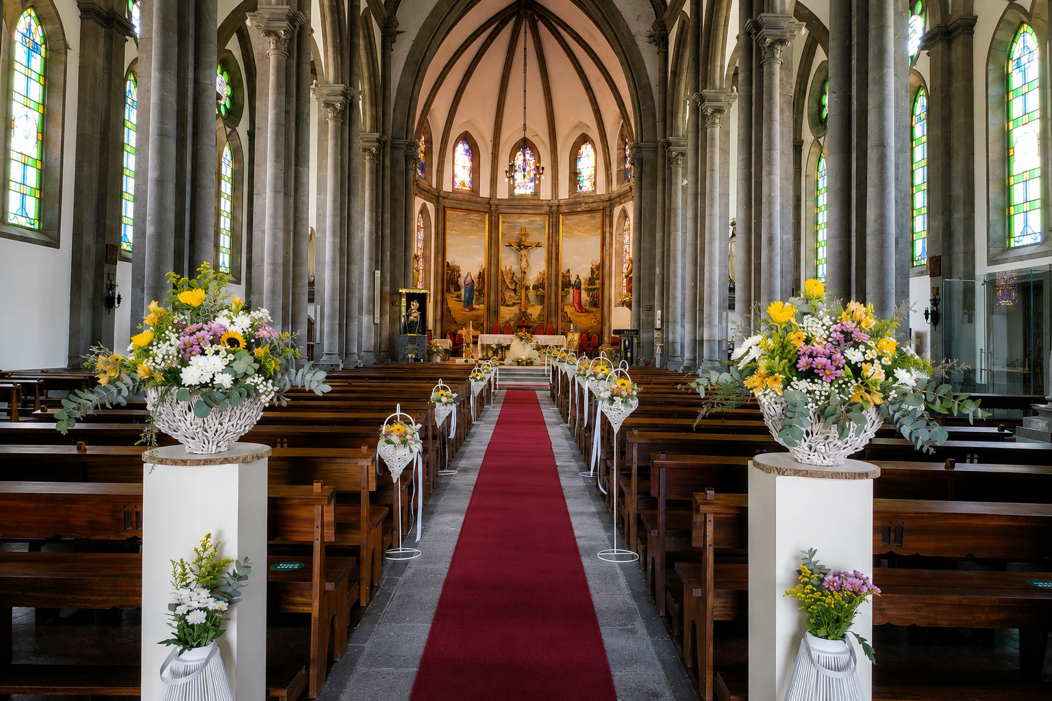 Decoração floral de casamento no interior de uma igreja, com flores coloridas, corredor vermelho e arranjos junto aos bancos.
