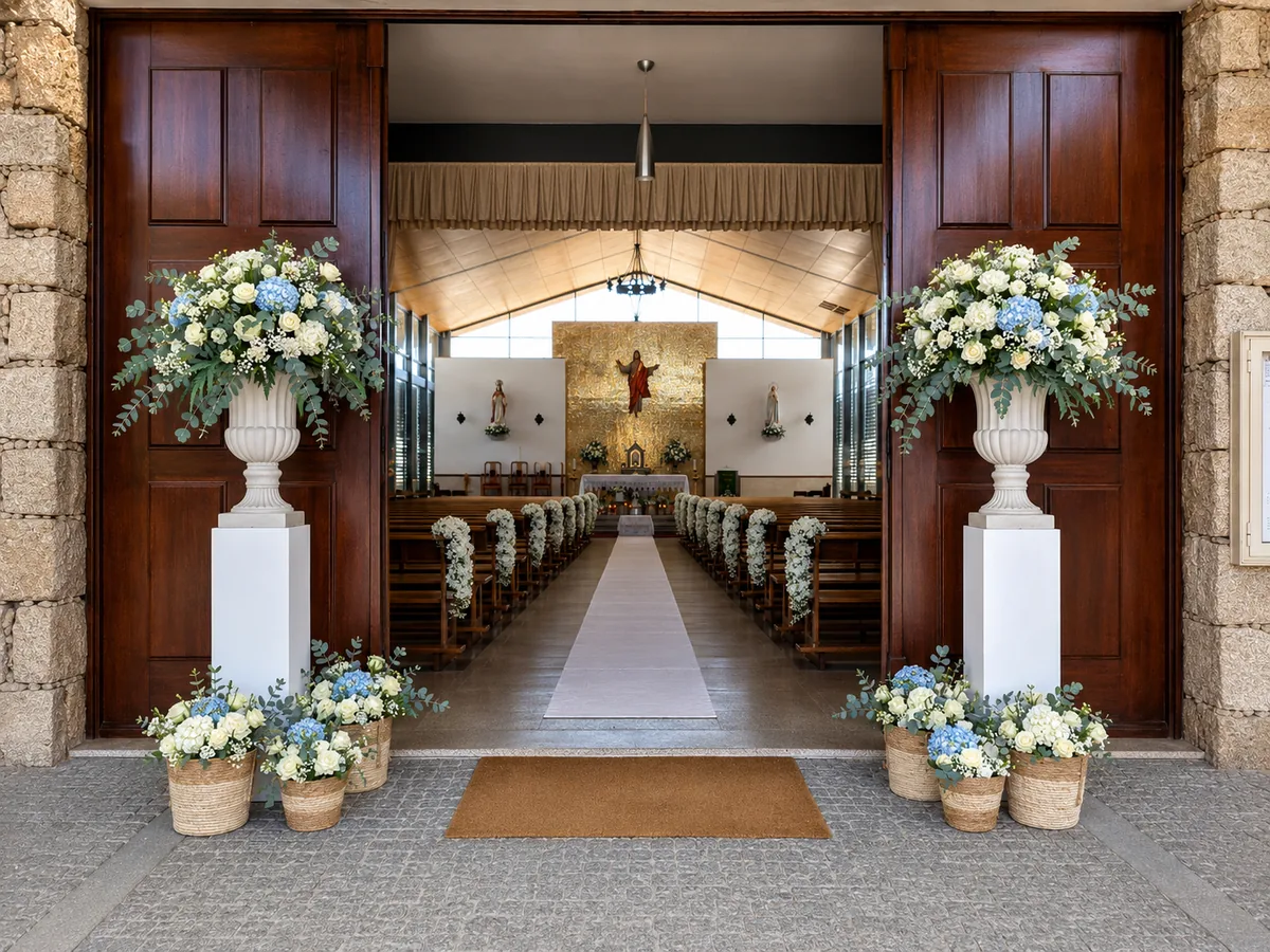 Igreja decorada com flores brancas para casamento pela Paula Florista