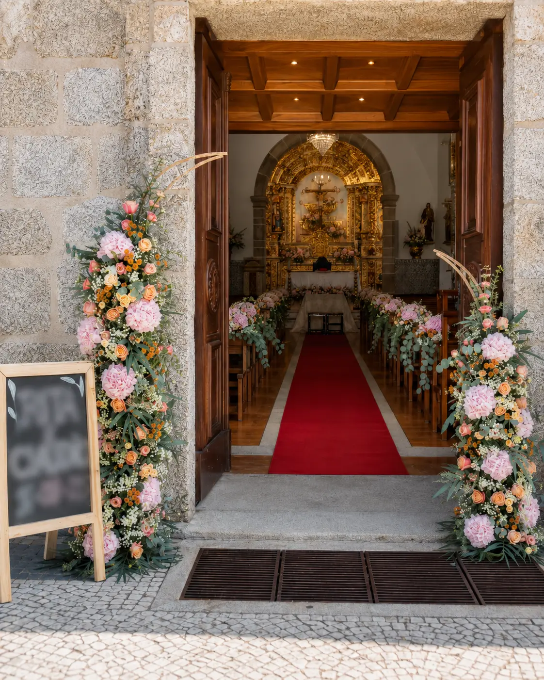 Entrada de igreja com arranjos florais para casamento realizados pela Paula Florista