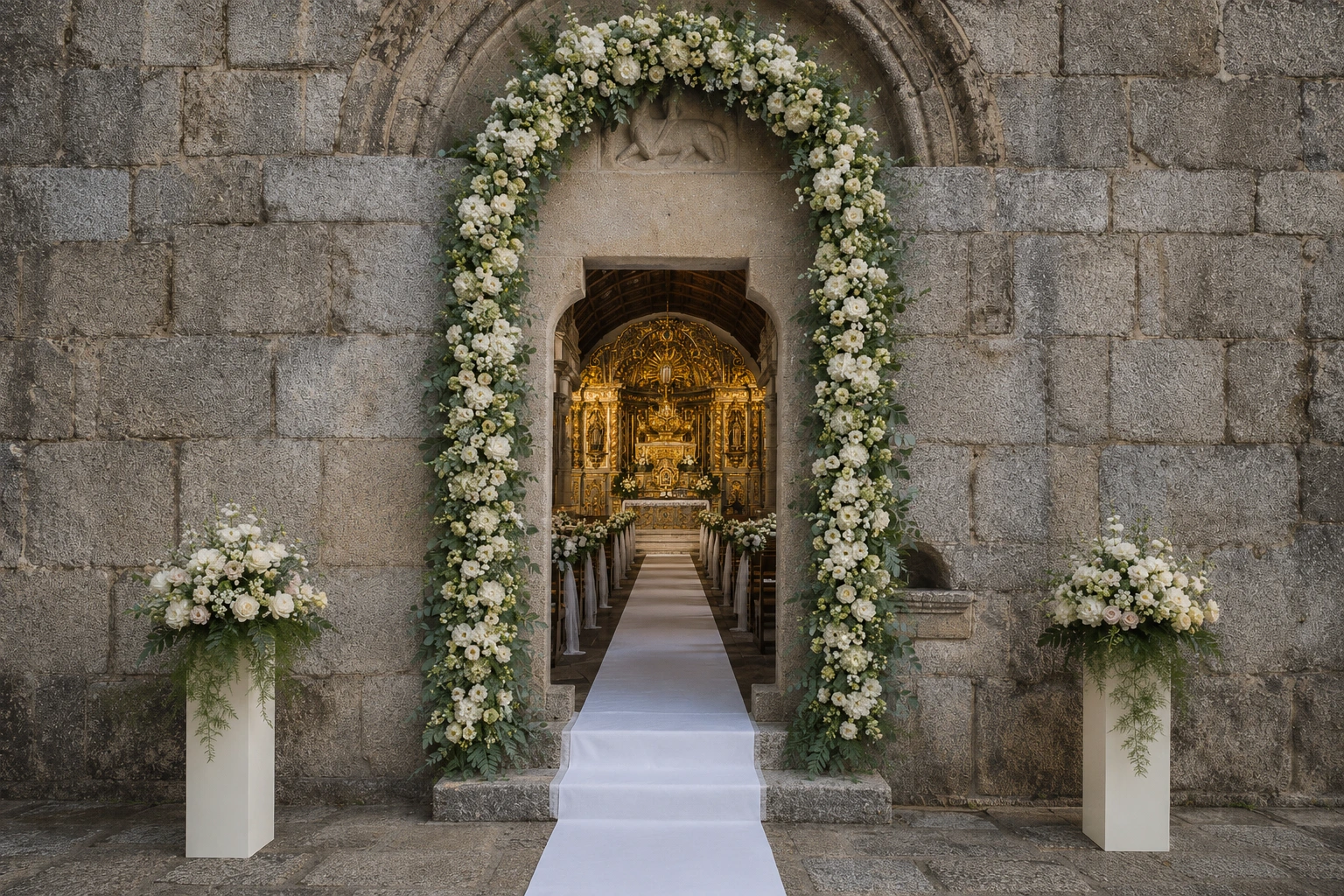 Entrada de igreja decorada com arco floral branco para casamento em Fafe