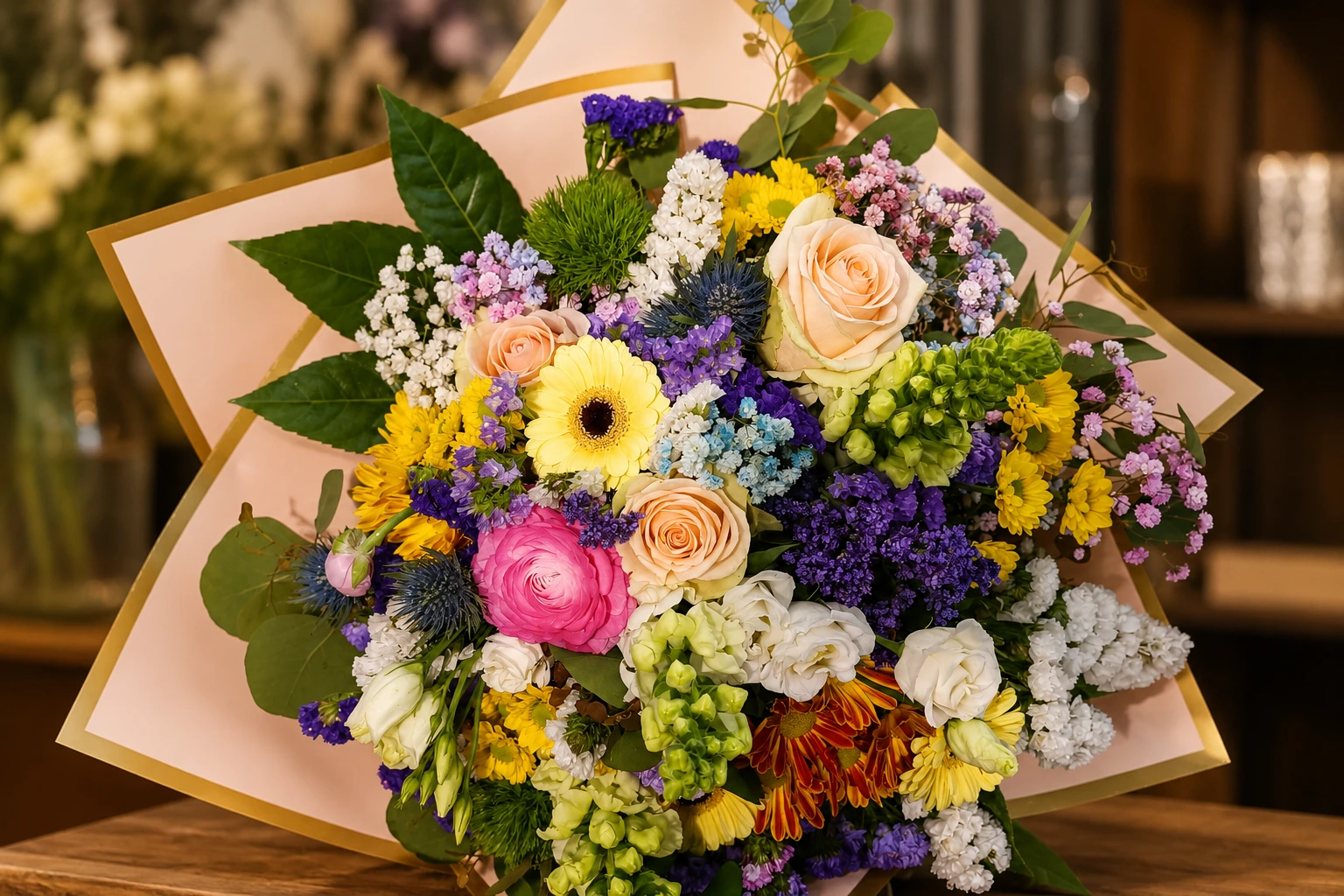 Ramo colorido com rosas, gerberas e flores variadas preparado em Fafe