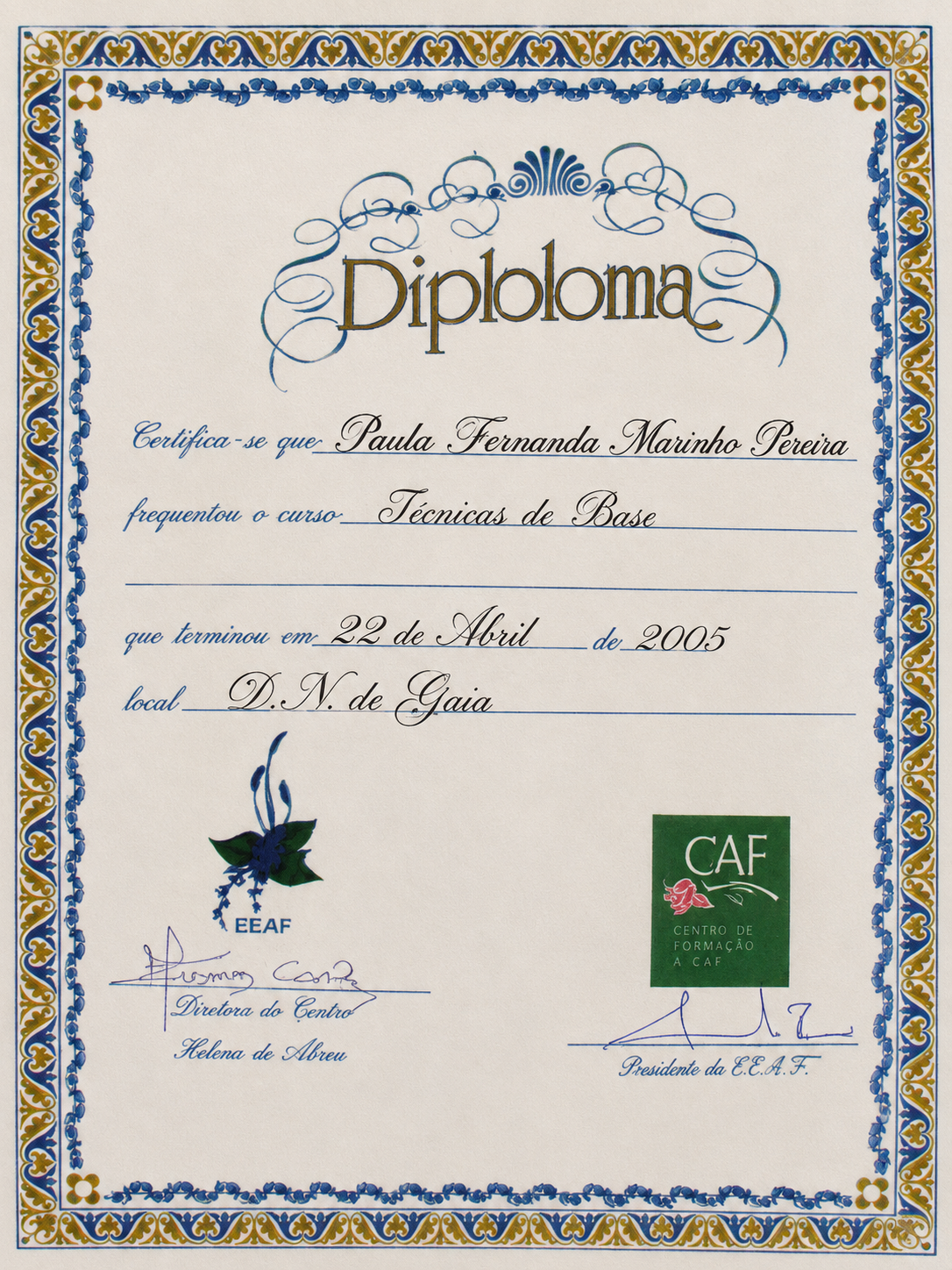 Diploma de formação da Paula Florista no curso Técnicas de Base realizado em 2005