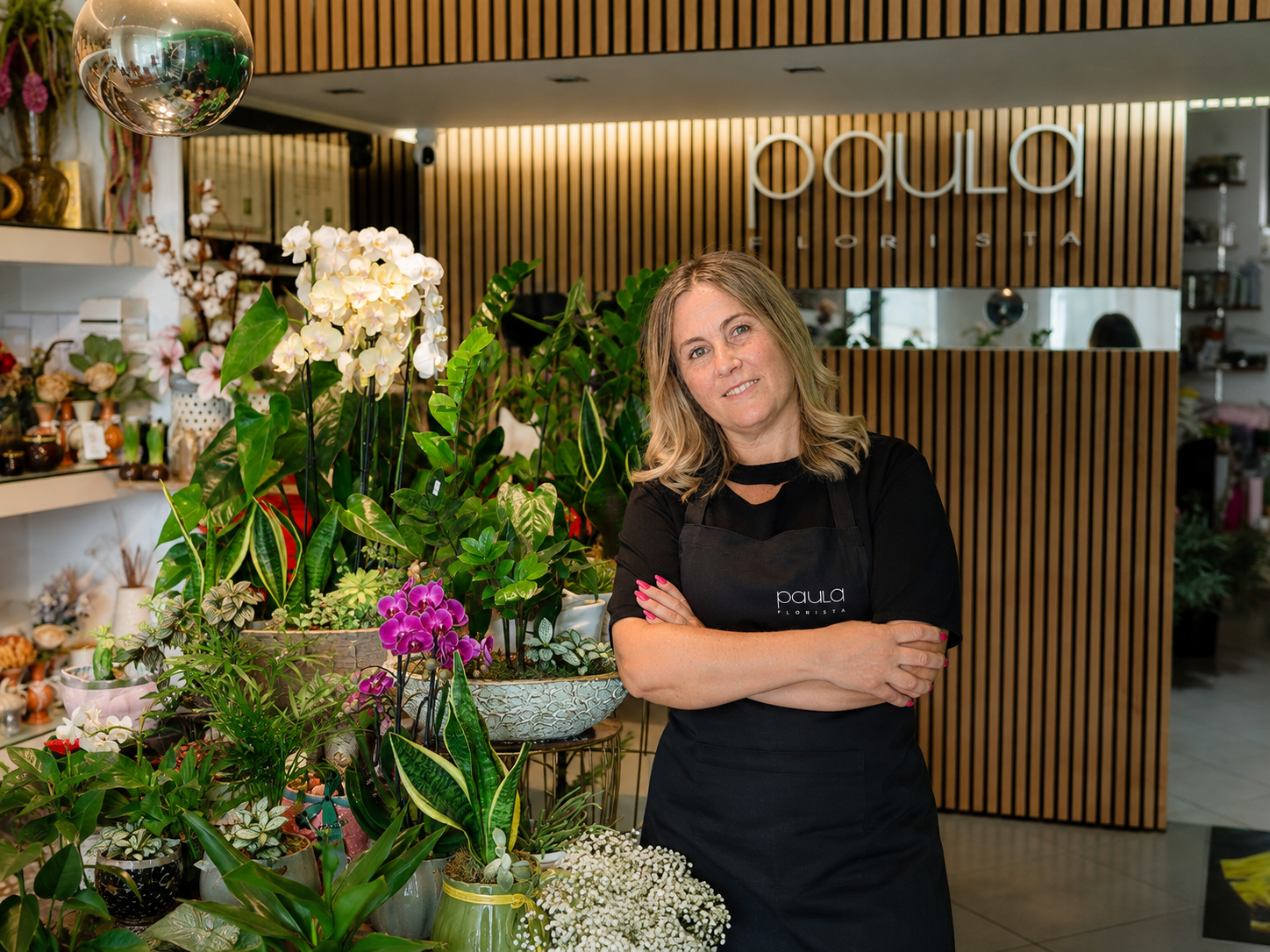 Paula Florista no interior da sua loja em Fafe, rodeada por plantas, flores e arranjos florais